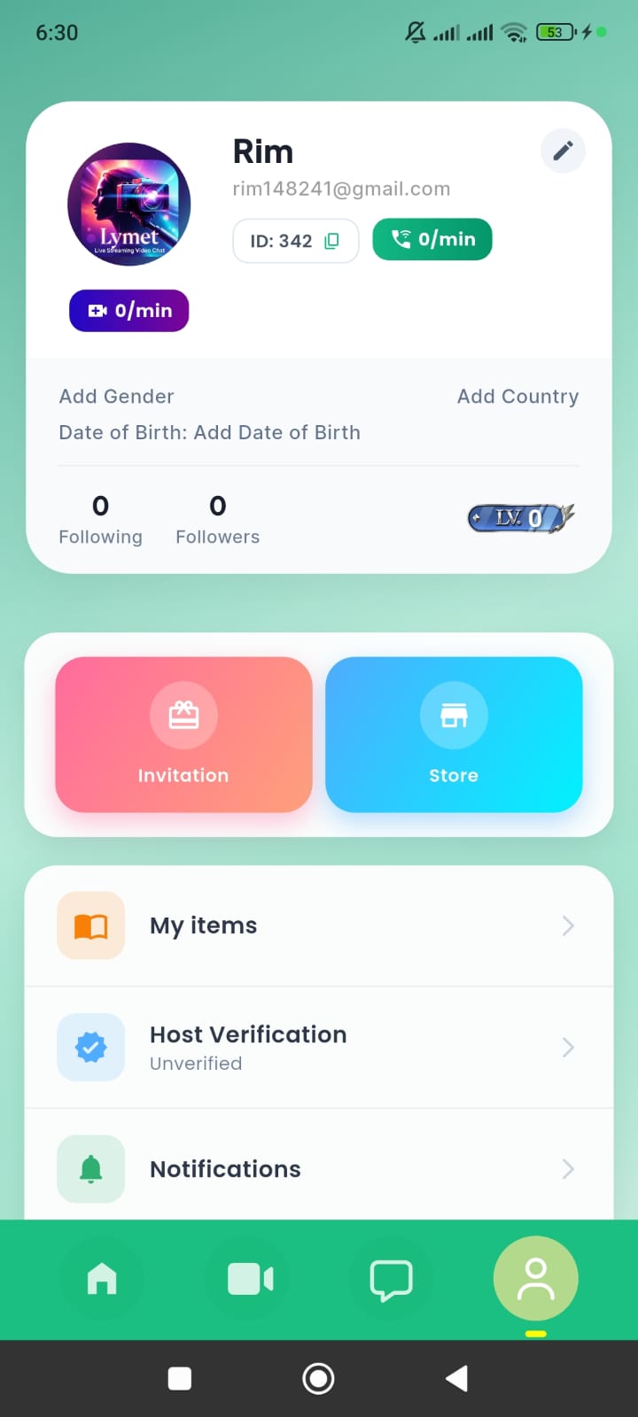 Lymet Live profile screen